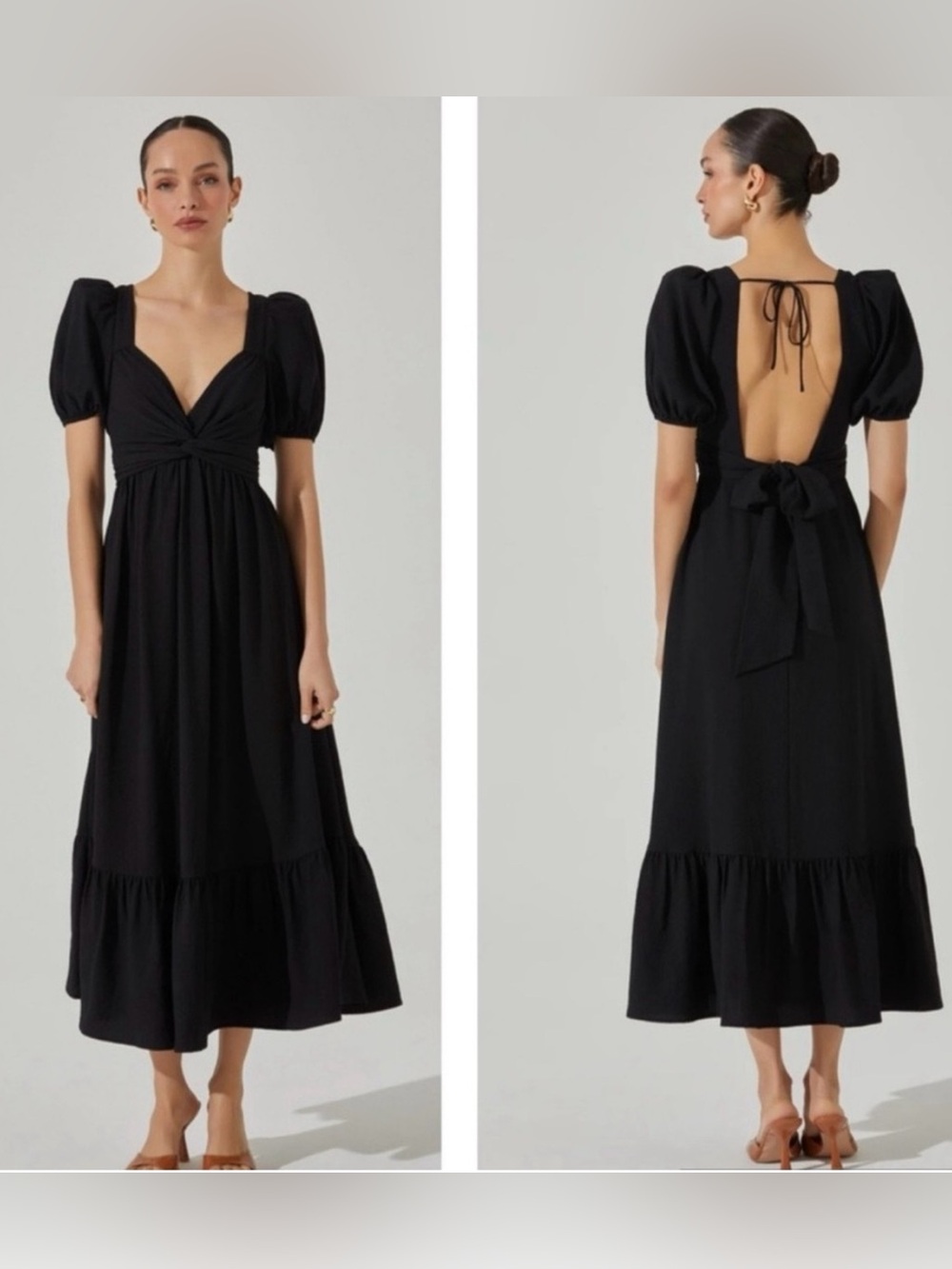 ASTR THE LABEL Size Small Black Tie Back Puff Sleeve Midi Dress